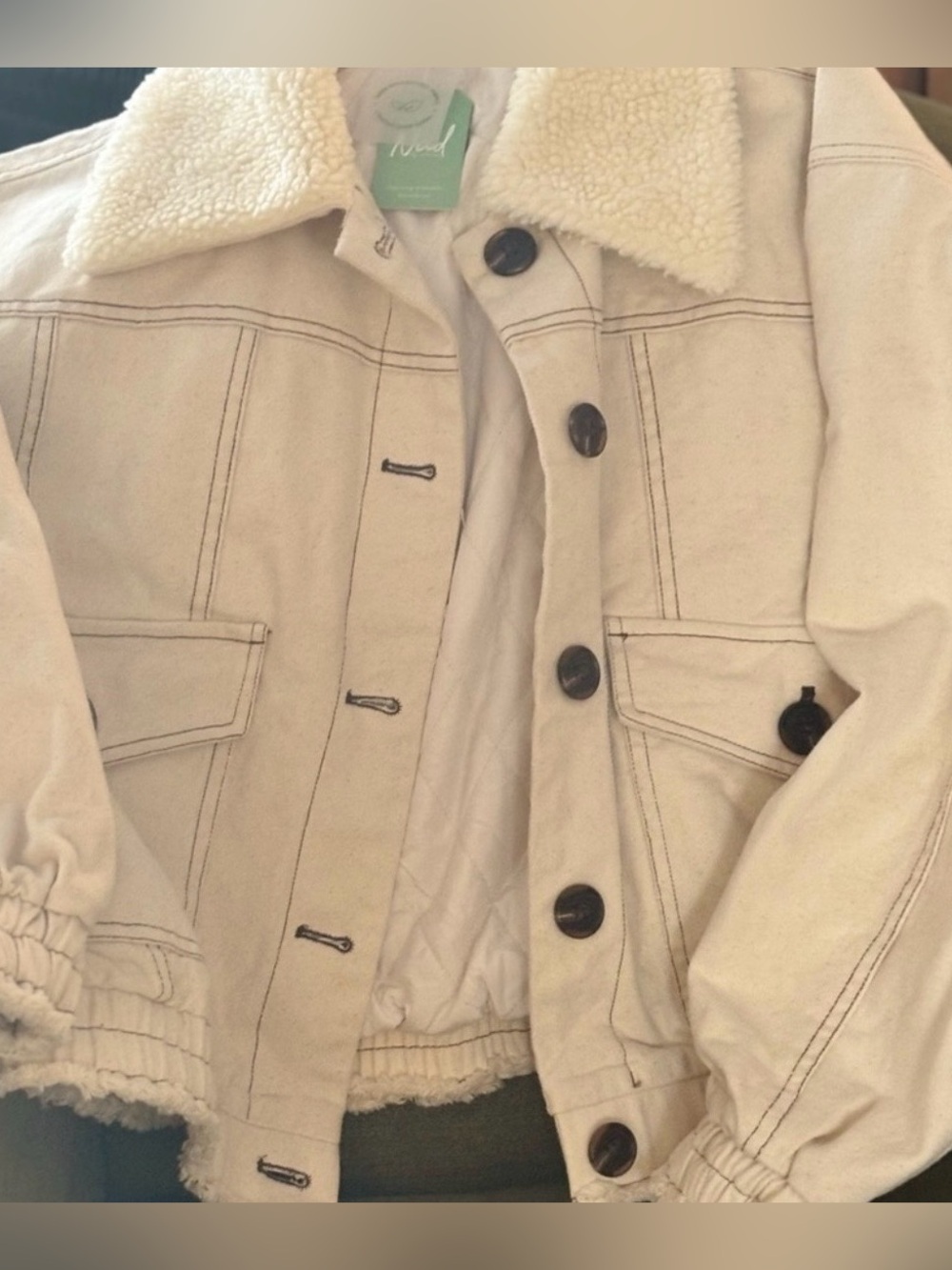 NWT NKN Nekane Denim Crop Jacket Ivory Sheepskin Faux Fur Collar M/L Lagenlook